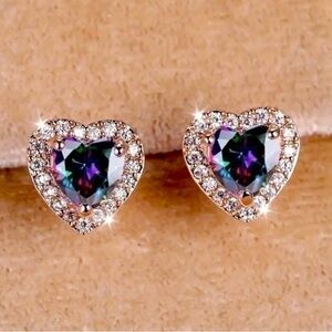 Multicolor Crystal And White Diamond Rose Gold Heart Earrings